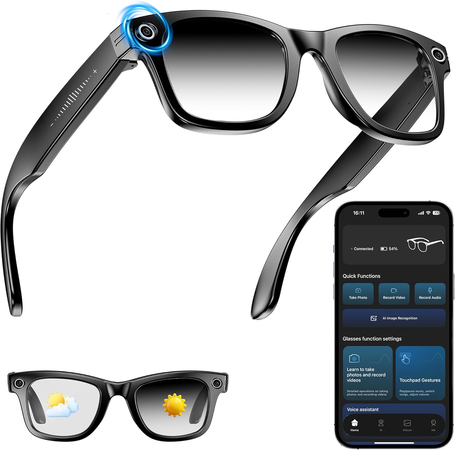 AI Smart Camera Glasses for Men Women, 4K Photography,1080P HD Video Recording,Real-Time Translation, Open-Ear Audio,Voice Assistant, Lightweight (Black Frame-Black Lens)