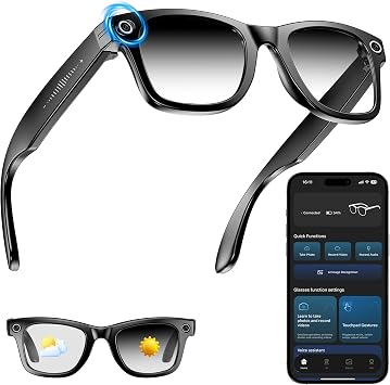 AI Smart Camera Glasses for Men Women, 4K Photography,1080P HD Video Recording,Real-Time Translation, Open-Ear Audio,Voice Assistant, Lightweight Black Frame-Photochromic Lens