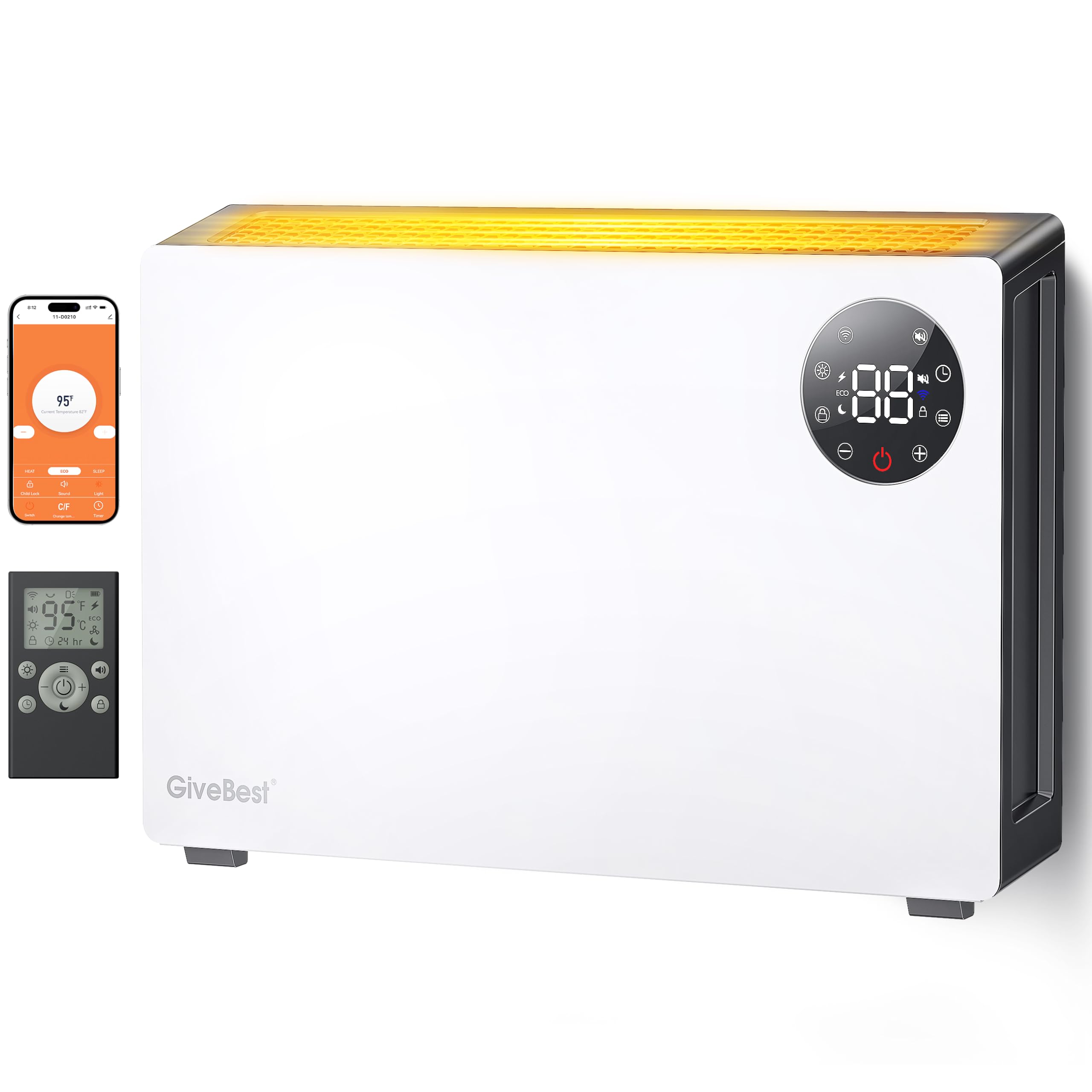 GiveBest Super Quiet Wall Heaters for Indoor Use Baseboard Design Space Heater Adjustable Thermostat Child Lock 12H Timer