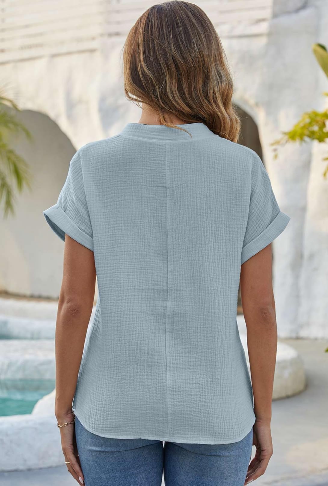 Yutdeng Camicia Donna Estiva Manica Corta Camicetta in Lino Cotone Leggero Elegante Blusa Top Scollo a V Maglietta con Bottoni Moda Casual Tinta Unita T-Shirt Comodo Vacanza Maglietta