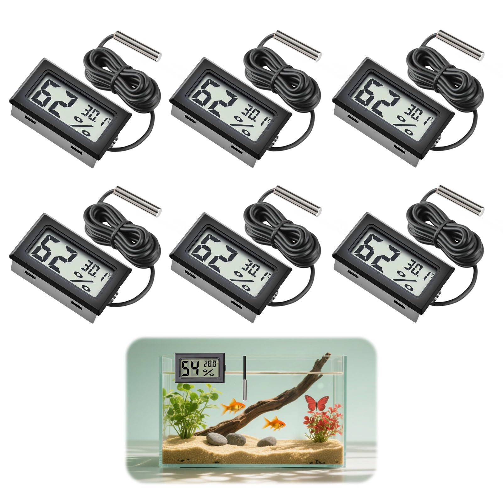 6 Pack Digital Reptile Thermometer Hygrometer LCD Display Probe for Reptiles Tank Terrariums Aquarium Fish Tank Incubator Temperature Office and Living Room Humidity Sensor Monitor