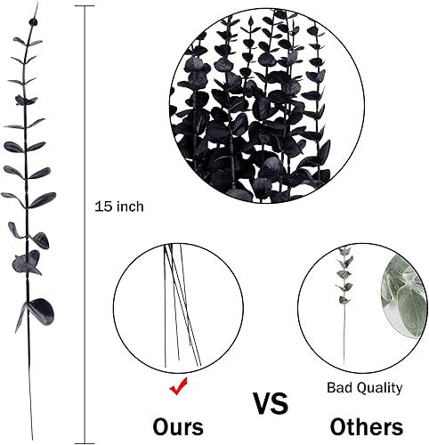 Miniatura 2 de FEQO 72 tallos de eucalipto negro, hojas de eucalipto artificiales, decoración de ramas de eucalipto, eucalipto falso con hojas falsas de 15