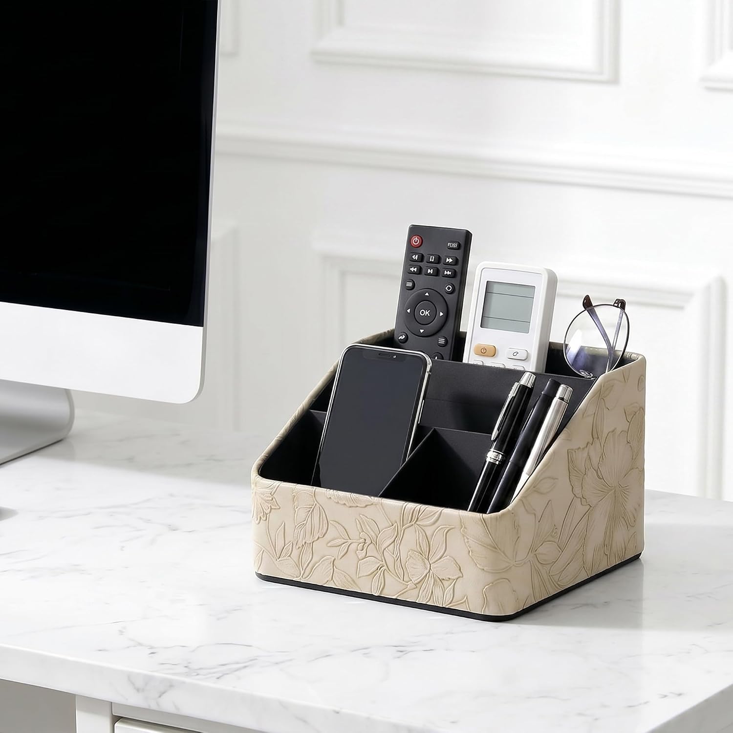 Tilted Shaped Leather Art Supply Organizer,Remote Control Holder,Multi-Functional Pencil Holder,4 Compartments Desktop Stationary Organizer(1-Tilted Apricot)