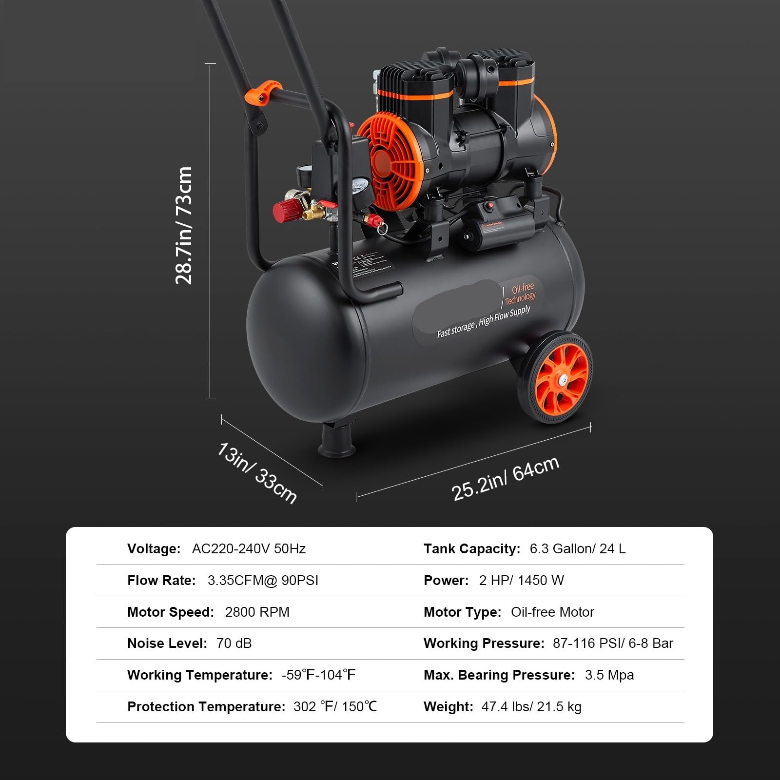 Cicha sprężarka powietrza 900W 1450W 1800W cicha, bezolejowa przenośna pompa powietrza do naprawy kompresor szeptowy w oponach(24L 1450W)