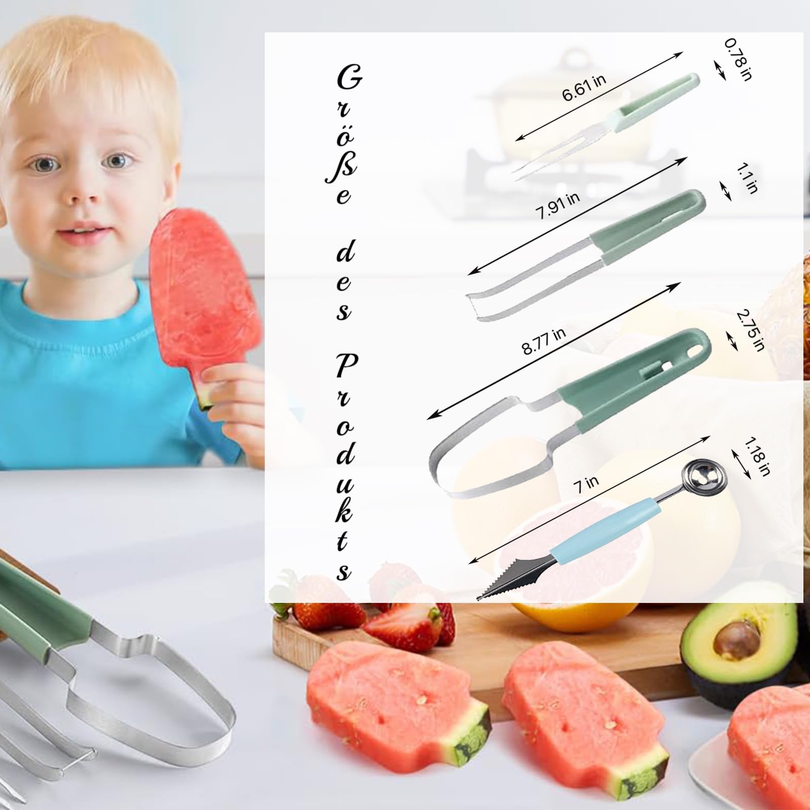 Set Taglia Anguria Professionale 3 Pezzi: Affettatore, Scavino E Paletta In Acciaio Inox, Per Frutta E Verdura