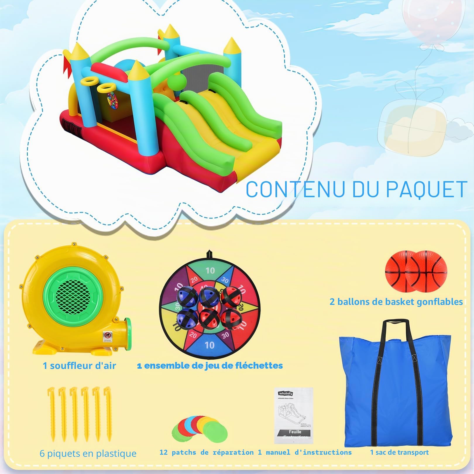 Grand château Gonflable pour Enfants 2 en 1 - Kit de Trampoline Gonflable - Parcours d'obstacles Gonflable - Centre de Jeu pour Jardin - Kit Complet avec Ventilateur (Connexion château B)