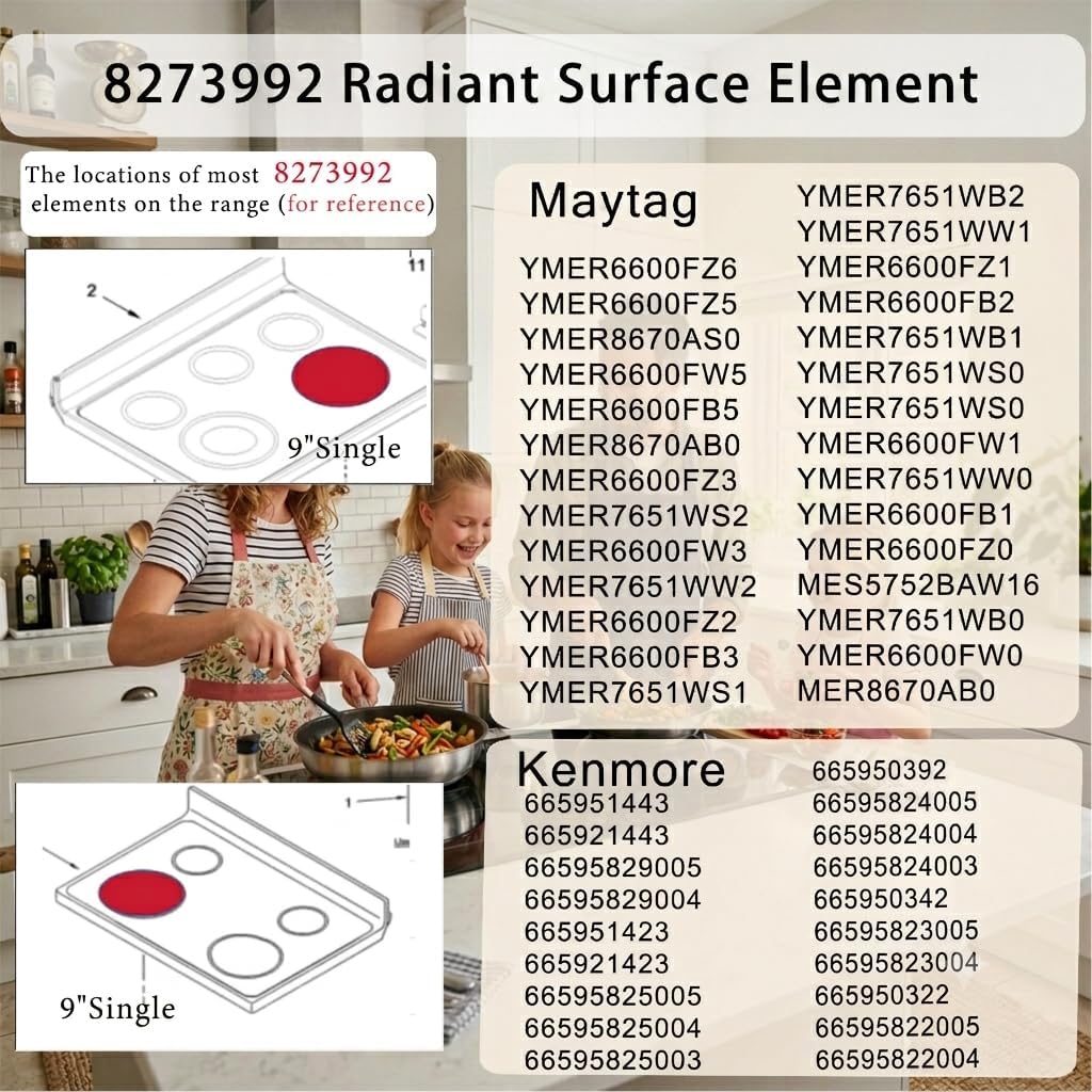 STELPART 9Inch 8273992 Single Radiant Surface Element for Whirlpool Range/cooktop RF462LXST4,WCE55US6HB00,WFE505W0HW6,RF462LXSB4,WGE555S0BS03,WFE505W0HB6,WGE555S0BW03,MES5752BAW16,WEE730H0DW0