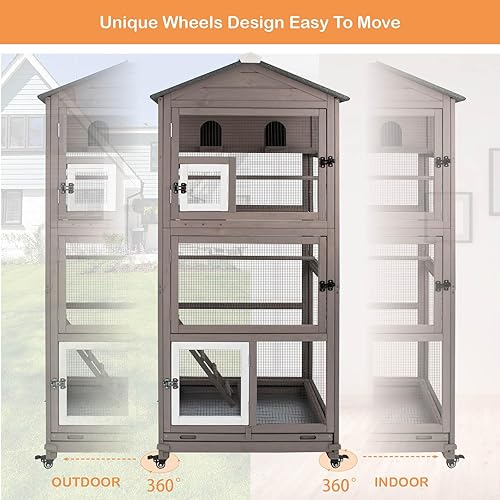 Miniatura 6 de Gowoodhut Jaula grande de madera para pájaros de 68.8 pulgadas de largo, para exteriores, pajarero, para interiores, con ruedas, bandeja extraíble