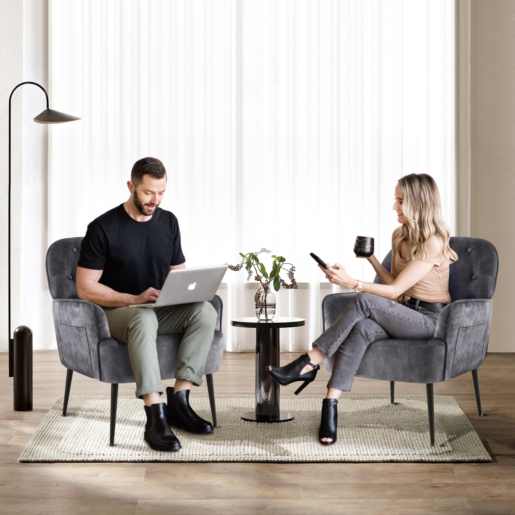 IWMH Sessel Wohnzimmer Schlafzimmer, Lazy Lounge Cocktailsessel Bequemer mit Armlehnen und Einer Seitentasche, Samt Modern dreh Polster Lesesessel mit Metallbeinen (Grau)