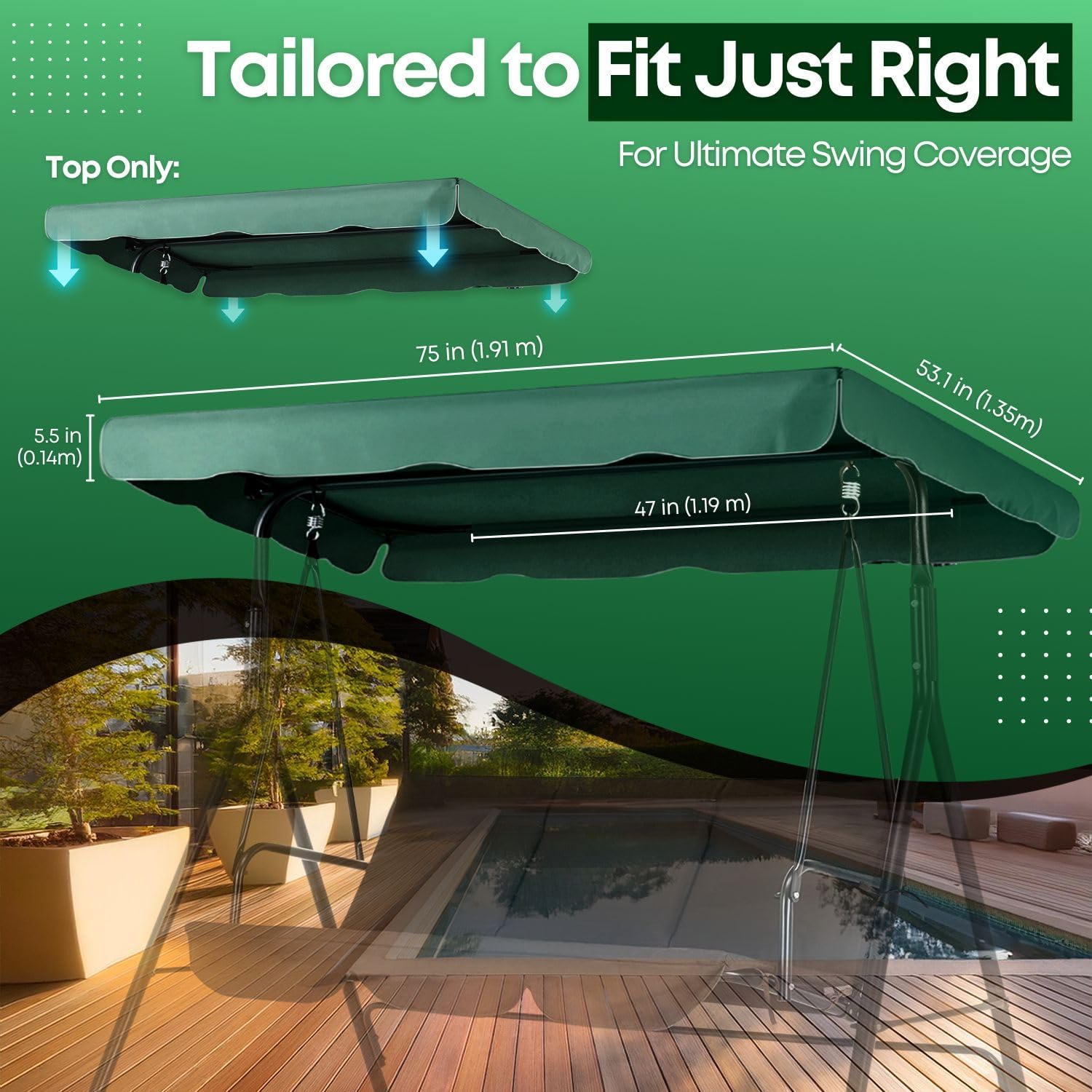 Flexzion Replacement Canopy for Outdoor Swing - 75" x 52" / 1.90m x 1.32m 2 Seat Bench Glider Swings Shade Fabric UV Weather Waterproof for Outdoor Garden Patio Yard Park Porch Seat Furniture, Green