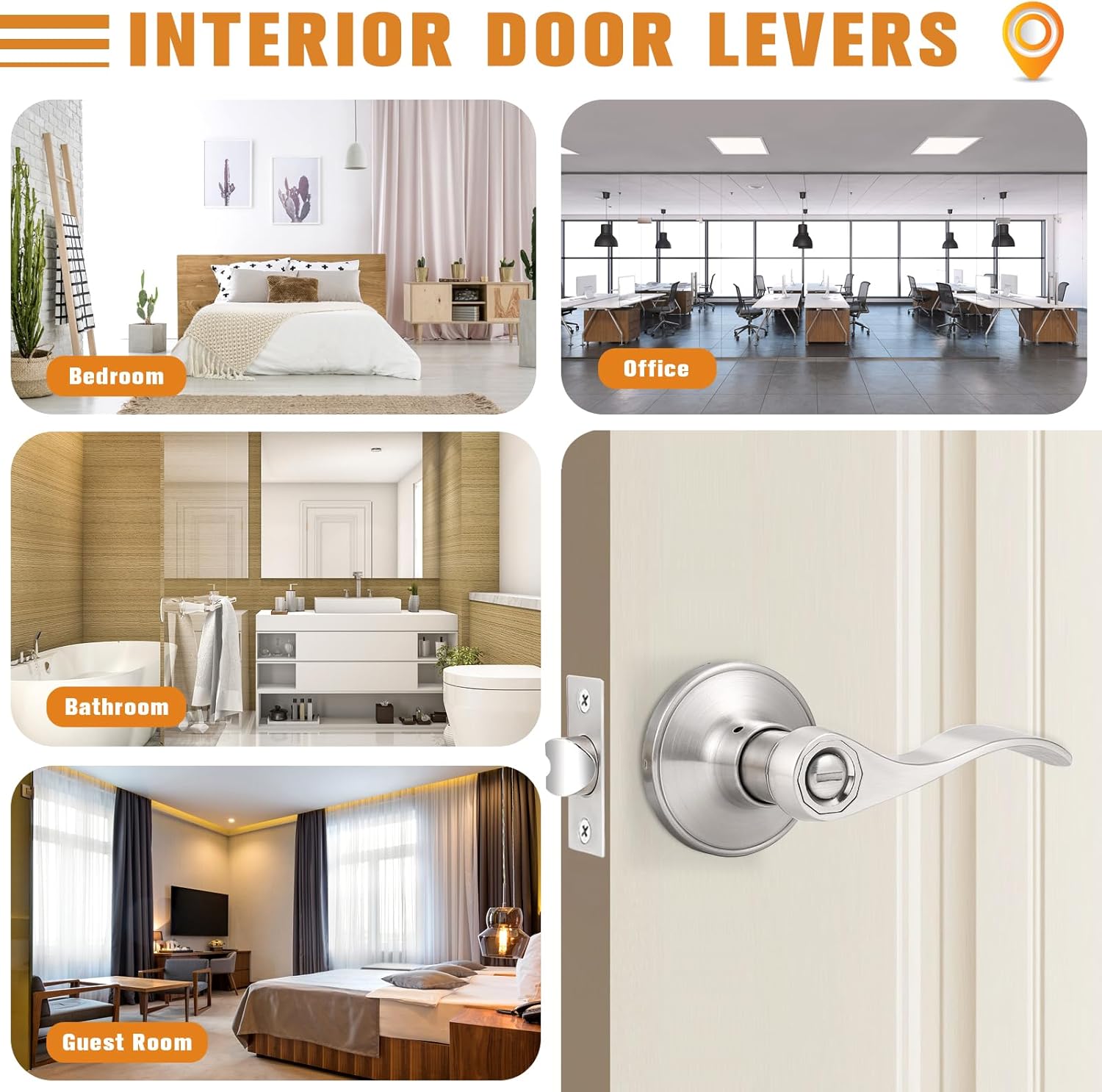 Probrico Wave Style Privacy Door Handles Interior Brushed Nickel Door Lever Lock Keyless Door Lockset for Bedroom and Bathroom Reversible Door Handle Knob for Left and Right Handed Doors, 3 Pack