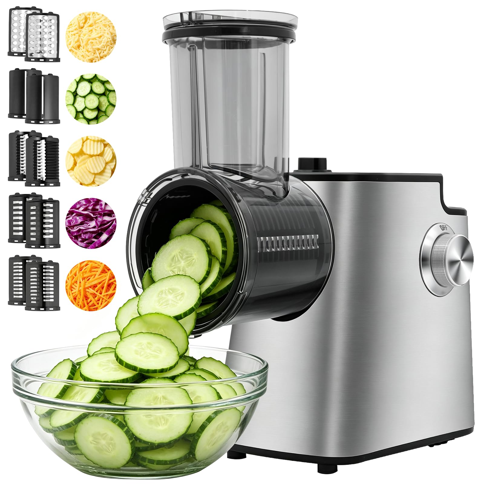 Electric Cheese Grater, 5-in-1 Stainless Steel Electric Salad Maker, Large Feed Chute Automatic Vegetable Slicer, Multifunctional Slicer & Shredder for Cheese, Vegetables, and Fruits