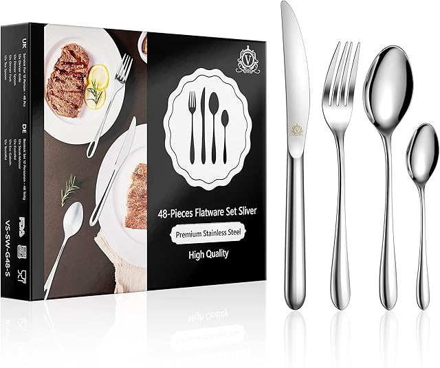 vancasso Cutlery Set 48 Piece, Food-Grade Stainless Steel Silverware Cutlery Set for 12 People, Elegant Flatware Set Include Knives/Spoons/Forks, Silverware Set Ideal for Home/Party/Restaurant