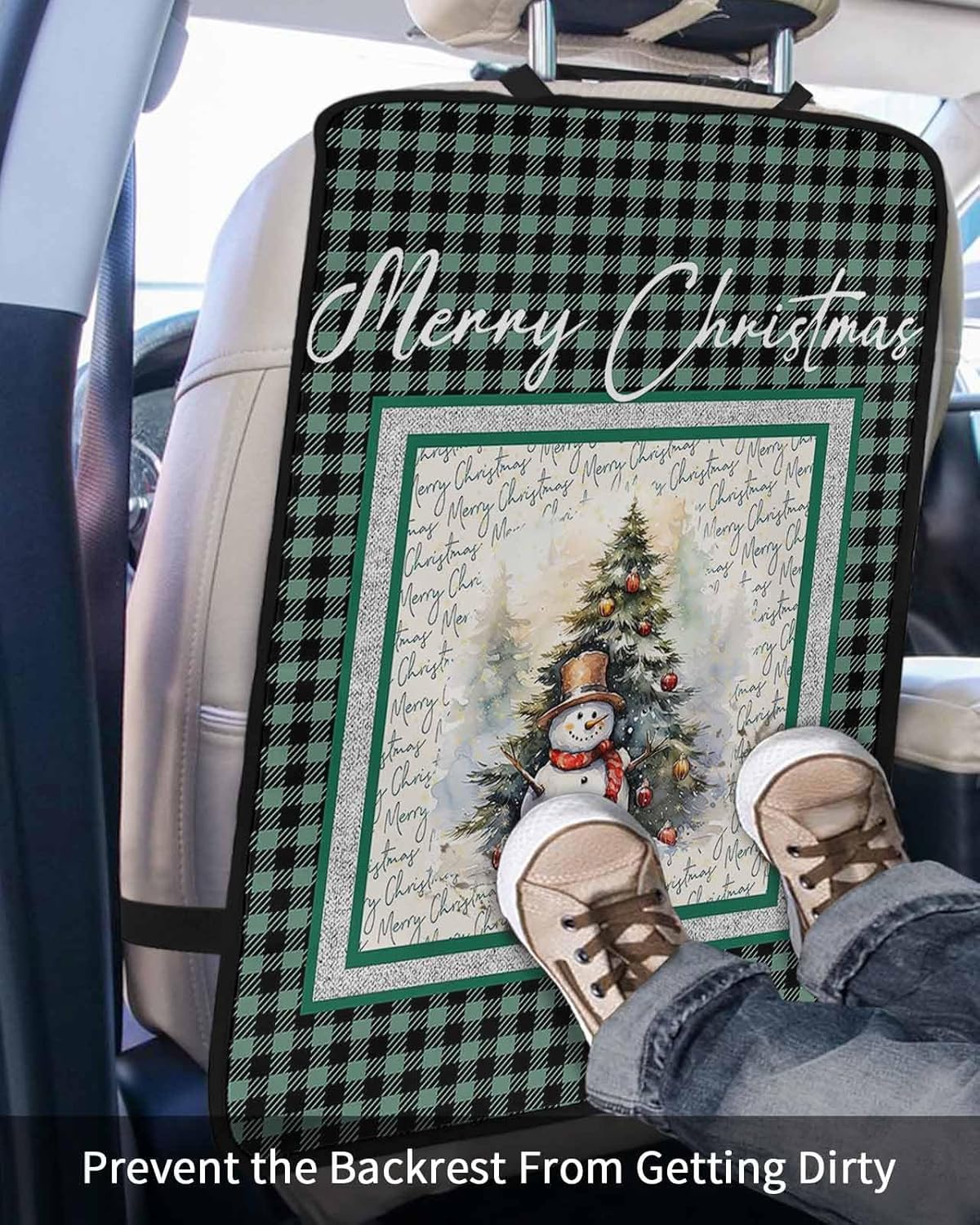 Car Seat Protector, 2 Pack Kick Mats Back Seat Protector Christmas Green Buffalo Plaid Snowman Xmas Tree Forest Waterproof Backseat Cover for Kids Universal Fit Automotive Interior Protectors