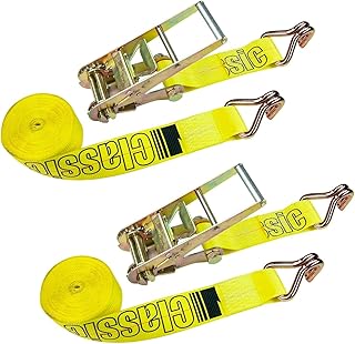 Vulcan Classic Yellow 3" Ratchet Straps With Wire J-Hooks - 5,000 lbs. Safe Working Load (3'' x 27' - Pack of 2)