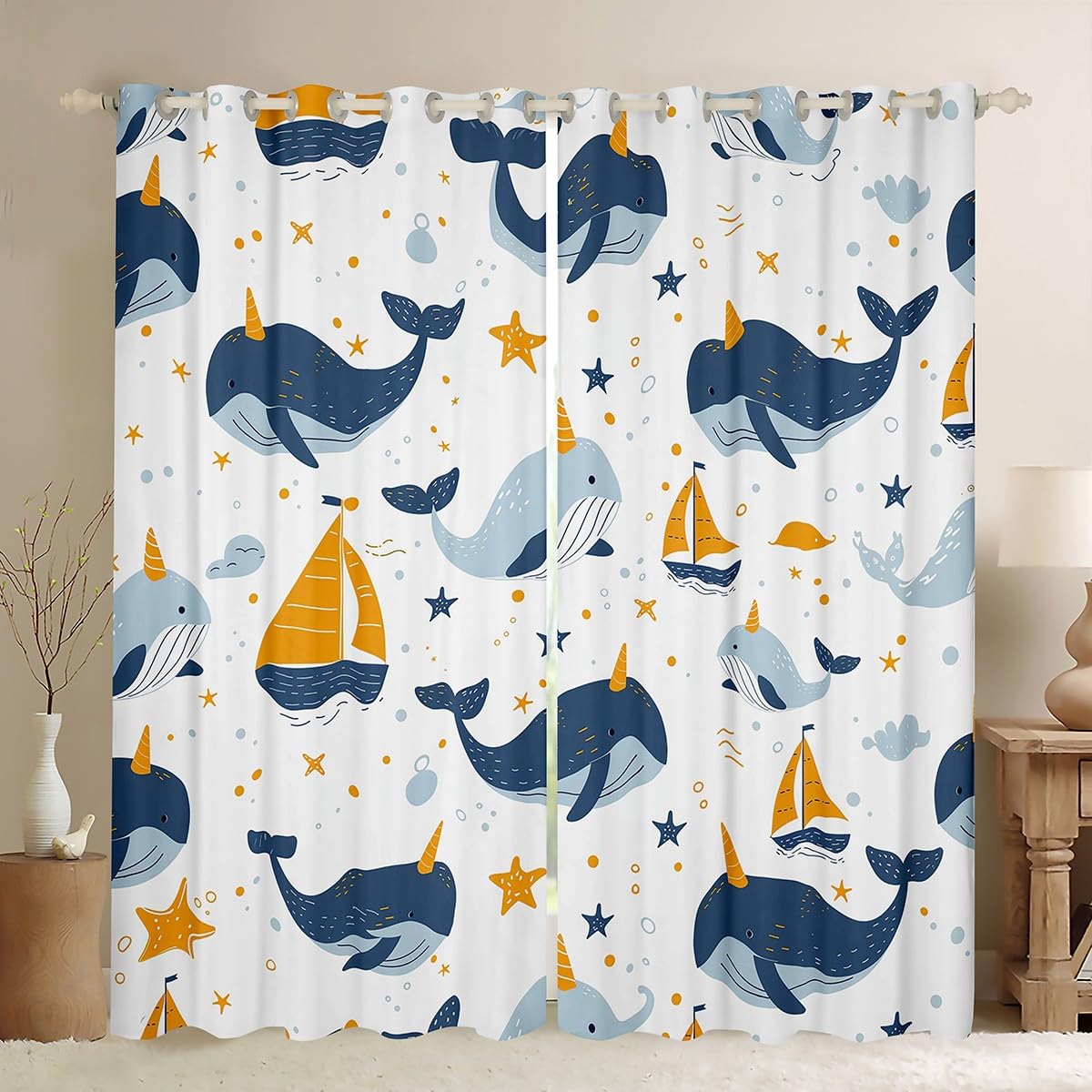 Manfei Lot de 2 rideaux de fenêtre à motif baleine et licorne, motif baleine et licorne, animaux marins, décoration de chambre d'enfants, garçons et filles, rideaux de chambre à coucher, 168 x 183 cm