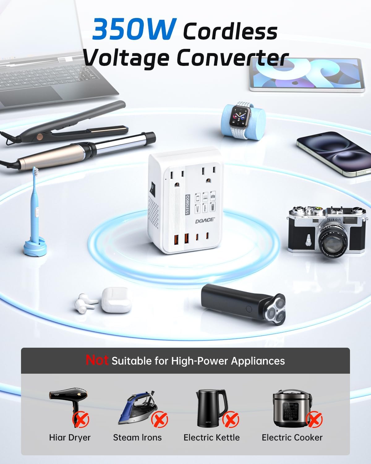 DOACE 220V to 110V Converter - 350W Cordless Voltage Converter US to Europe Power Adapter Combo with 4-Port USB Charging & Worldwide Plugs (UK/AU/US/EU) for Hair Straightener, Curler, Phone - Image 3