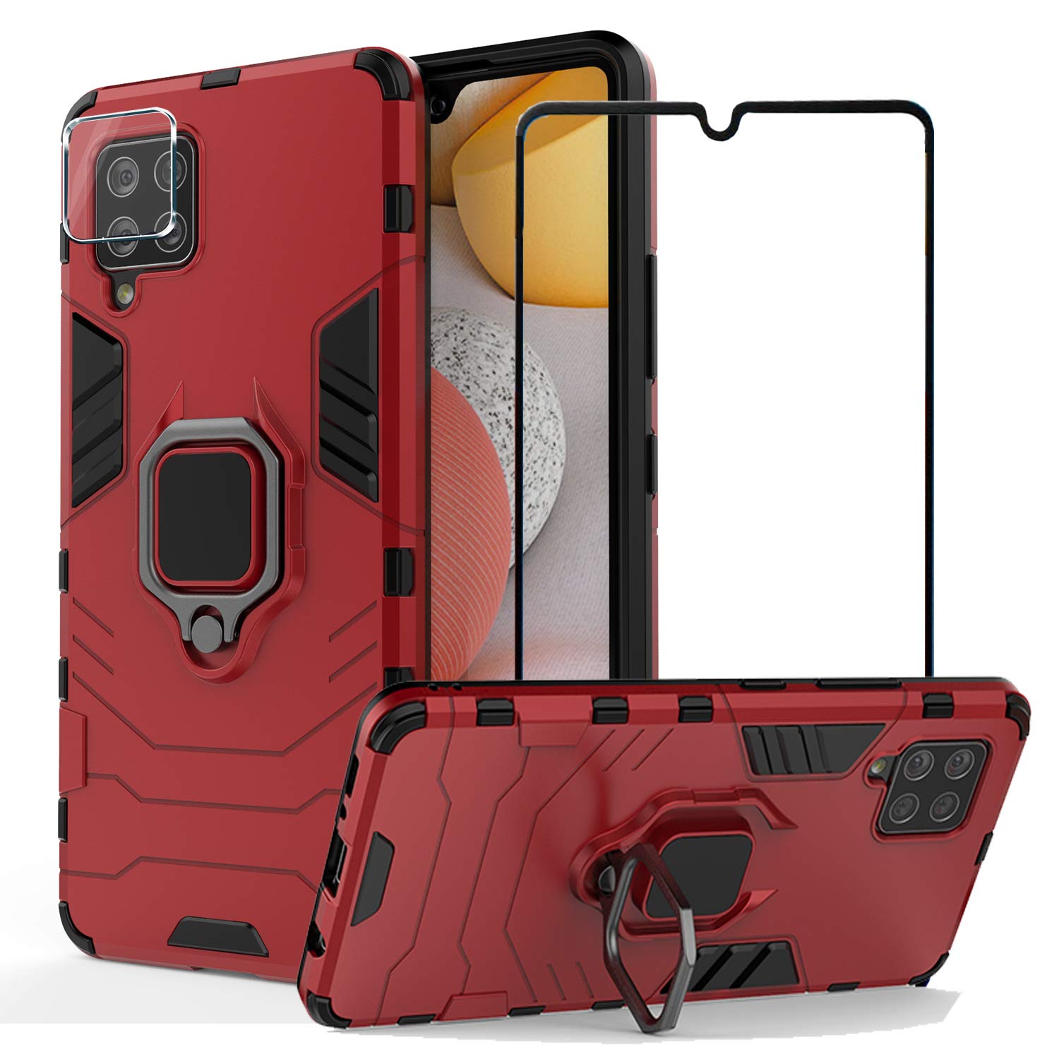 BestShare For Samsung Galaxy A42 5G Case with Tempered Glass Screen Protector& Camera Lens film, Heavy Duty Armor Defender Anti-Scratch Kickstand Shockproof Cover & Ring Grip, Red
