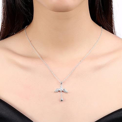 Miniatura 6 de Collar con colgante de plata de ley 925 con circonita cúbica y alas de ángel, diseño de corazón, 18.0in
