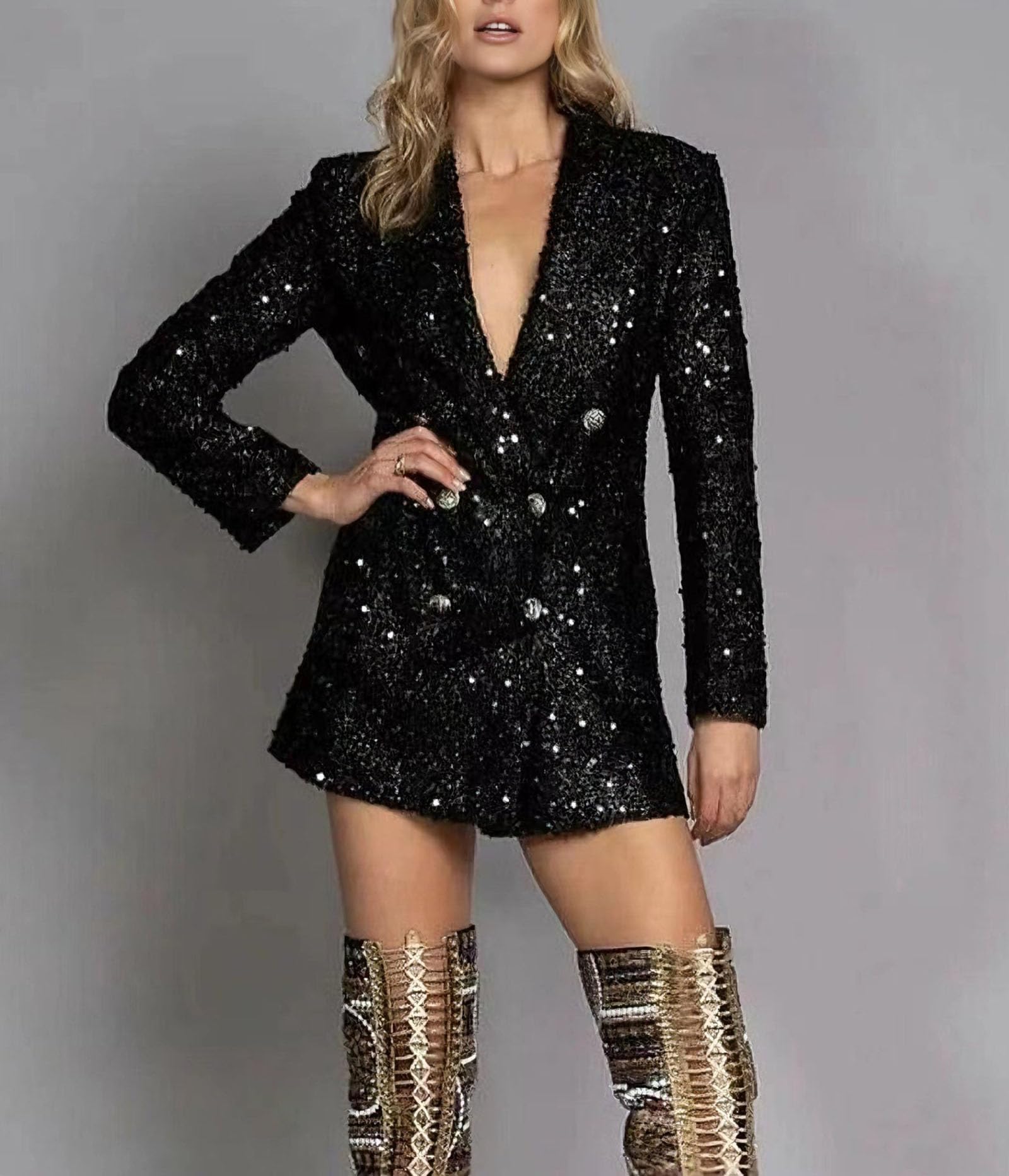 Giacca Lunga Da Donna Modello Blazer Doppiopetto Con Scollo A V Revers E Maniche Lunghe Realizzata in Tessuto Scintillante Con Paillettes
