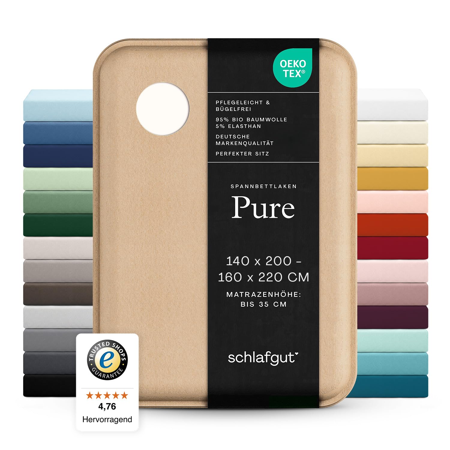 Schlafgut Pure Sábana bajera ajustable 95% algodón orgánico Mako, 5% elastano, fabricada en verde por Oeko Tex (140 x 200 cm hasta 160 x 220 cm, altura del colchón de 18 a 35 cm, blanco roto)