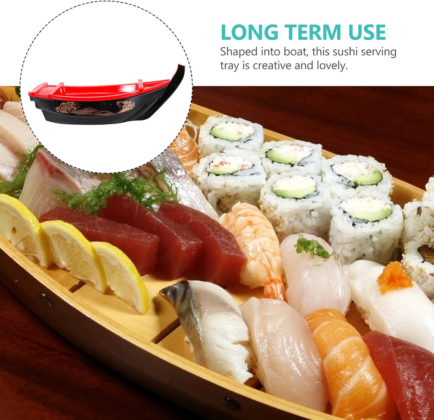 Hemoton Sushi Boat Serving Tray 13.6 Inch Plastic Japanese Style Long Rectangular Plate for Sashimi Fish Platter and Home Dining Presentation