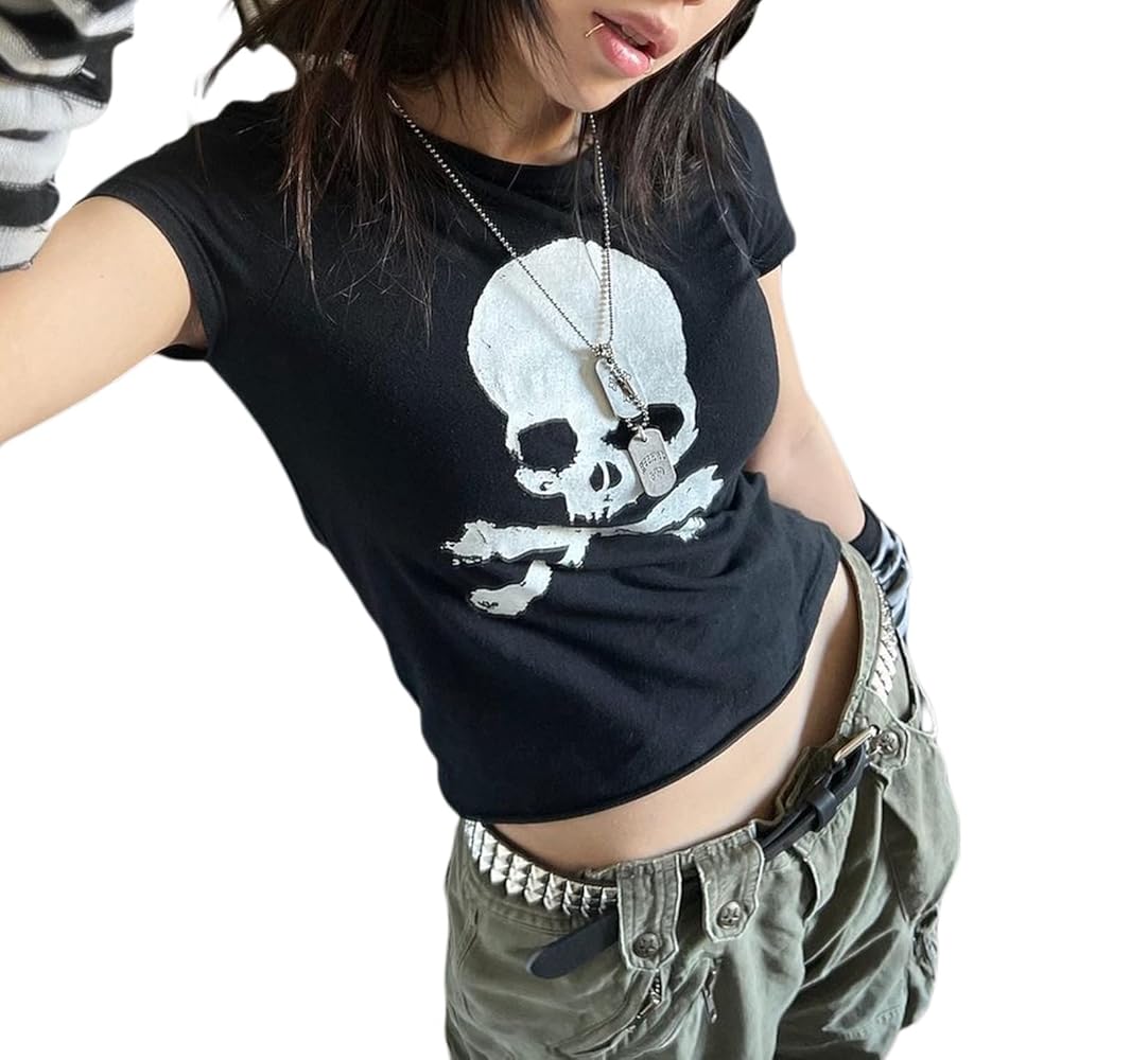トップス skull bone punk long tops black y2k Women Man Y2K Skeleton T-shirt, Punk Aesthetic Goth Skull