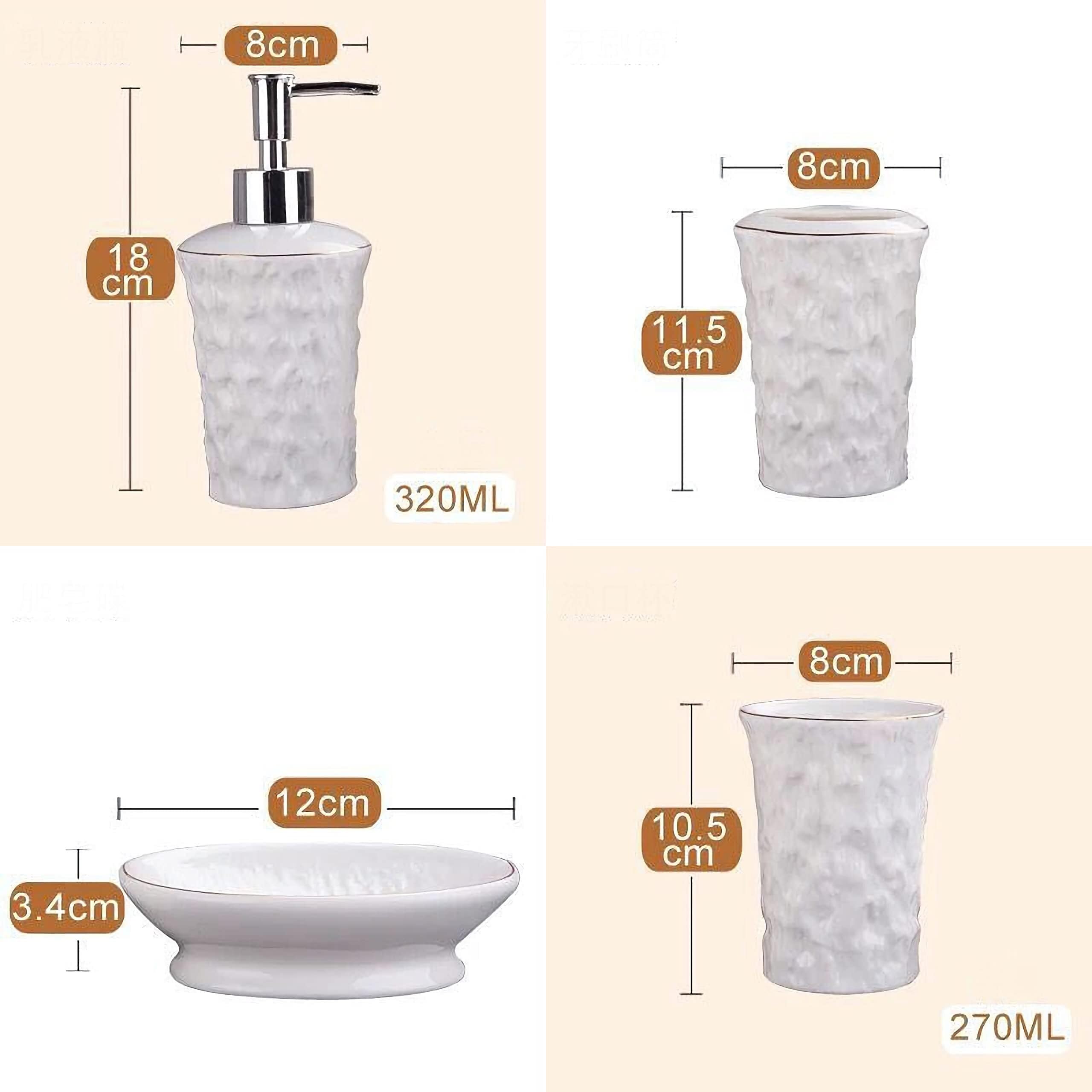 Juego de Accesorios de baño Dispensador de jabón, Porta cepillos Dientes, Plato for 2 Tazas, Blanco con Detalles Dorados Decoración estética para el hogar