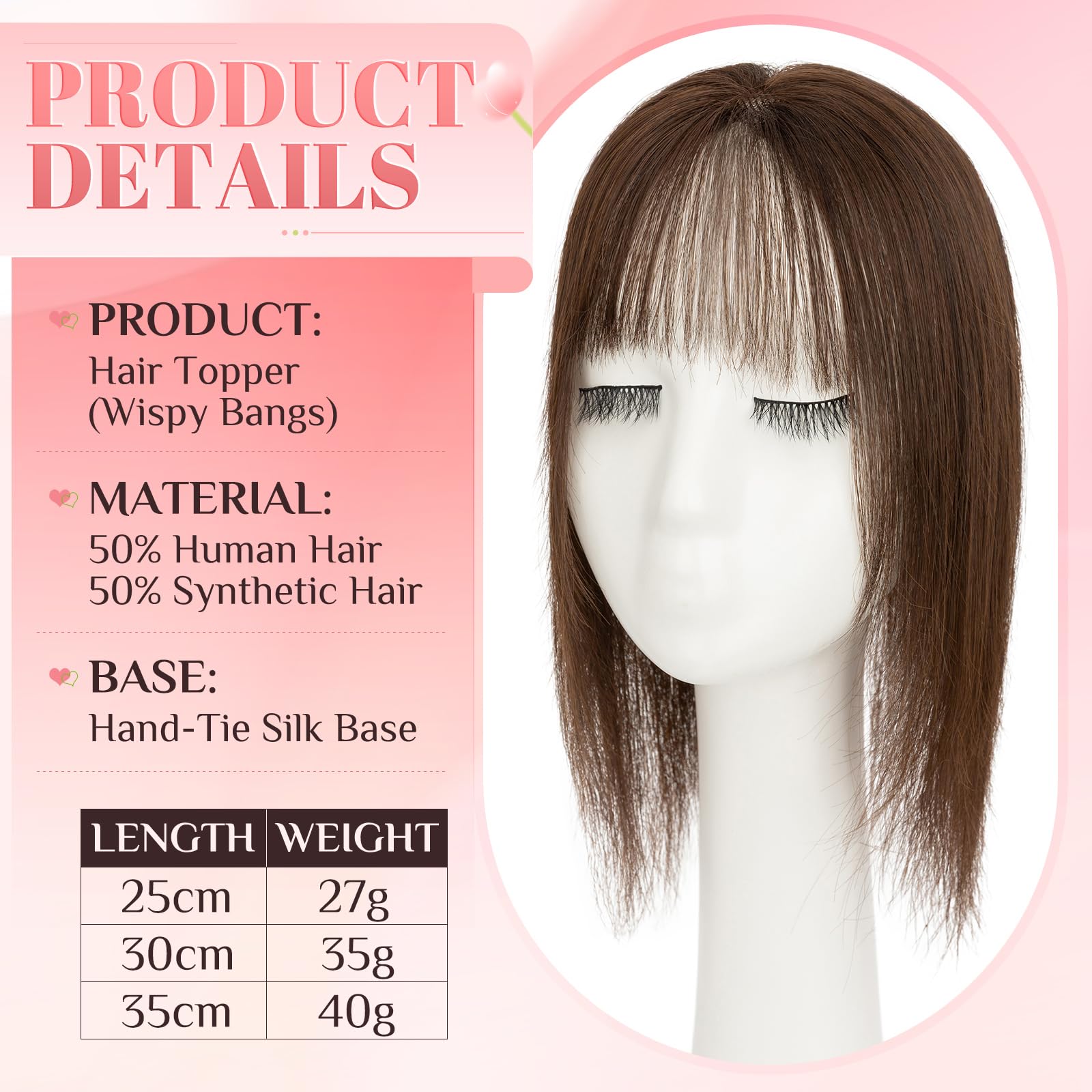 Elailite Hair Topper Echthaar Clip in Haarteil Dunkelbraun, 30cm 35g Haartopper Damen Real Human Haar mit dünnem Pony Haarteile (Silk Lace 8x11.5cm)