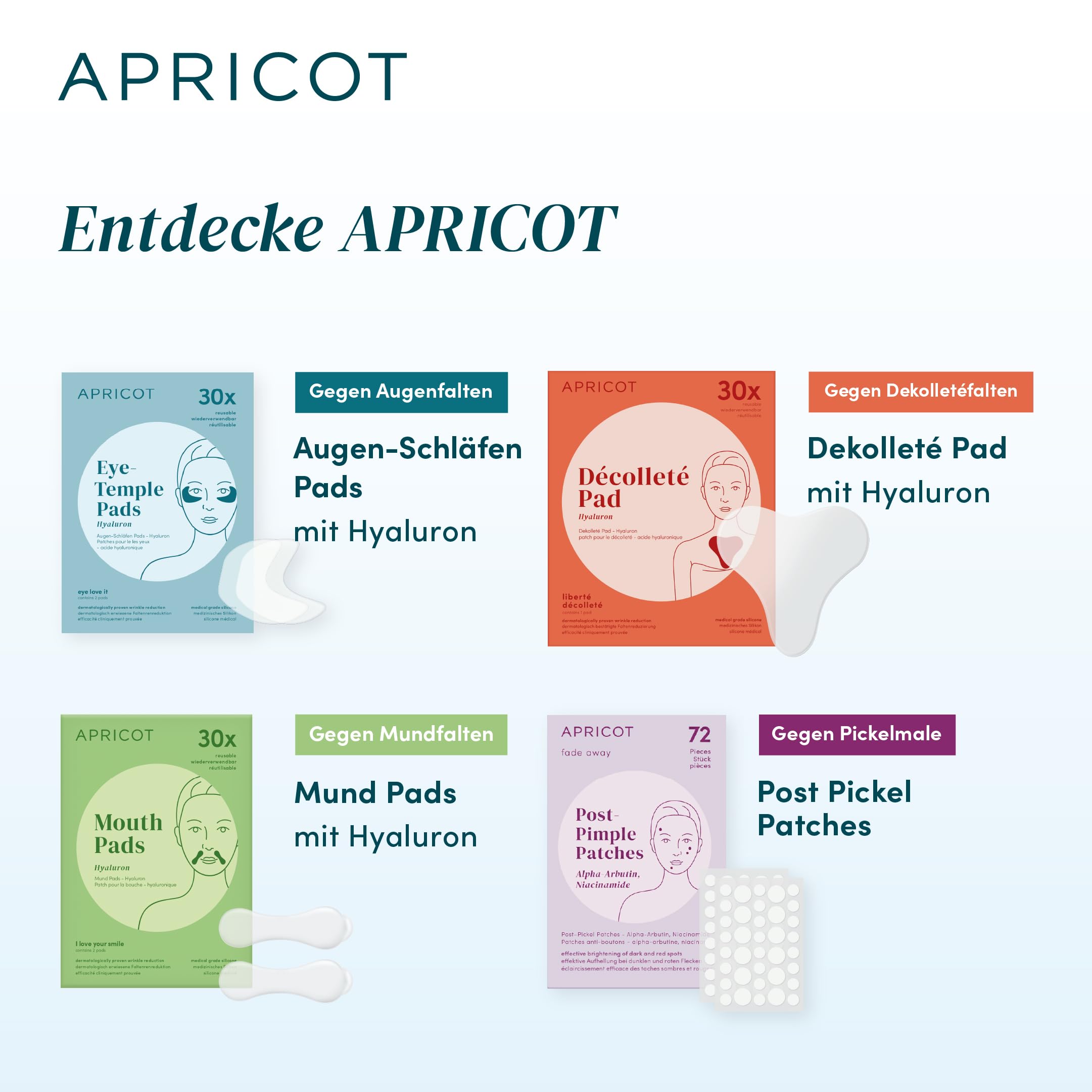 APRICOT Stirn Pads gegen Falten 2x aus medizinischem Silikon mit niedermolekularem Hyaluron, Stirn- und Zornesfalte Glätten - 60x Wiederverwendbar, Dermatologisch geprüft, Vegan & Tierversuchsfrei