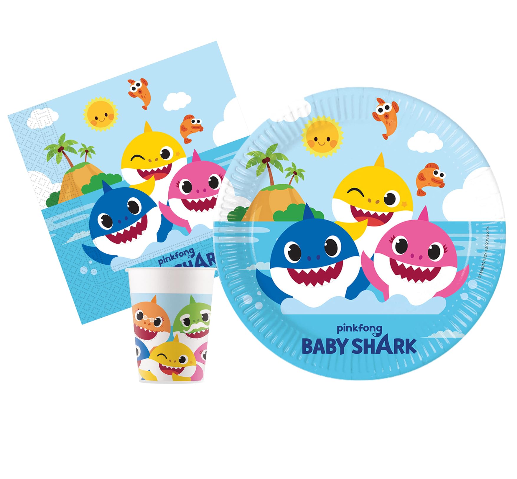 Ciao - AZ097 Baby Shark Party Table Kit for 8 People (36 Pieces: 8 Plates Ø23 cm, 8 Cups 200 ml, 20 Napkins 33 x 33 cm), Multicoloured, AZ097