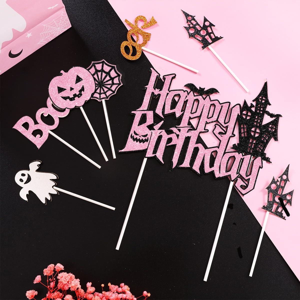 25PCs Happy Birthday Cake Topper Set Pink Black Halloween Themed Cupcake Toppers for Girl Birthday Party Decorations with Pumpkin Ghost Spider Web Decor