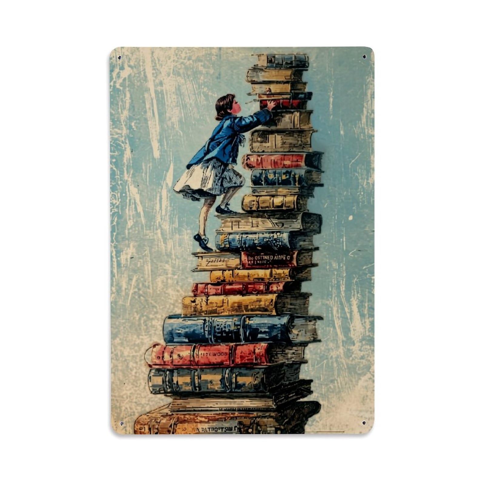 Bliveurn Vintage Child Climbing Tall Book Stack Retro Metal Tin Sign, Metal Poster For Home, Gaming Room, Studio Workshop,Bar,Garage Wall Art Decor 8X12 Inch
