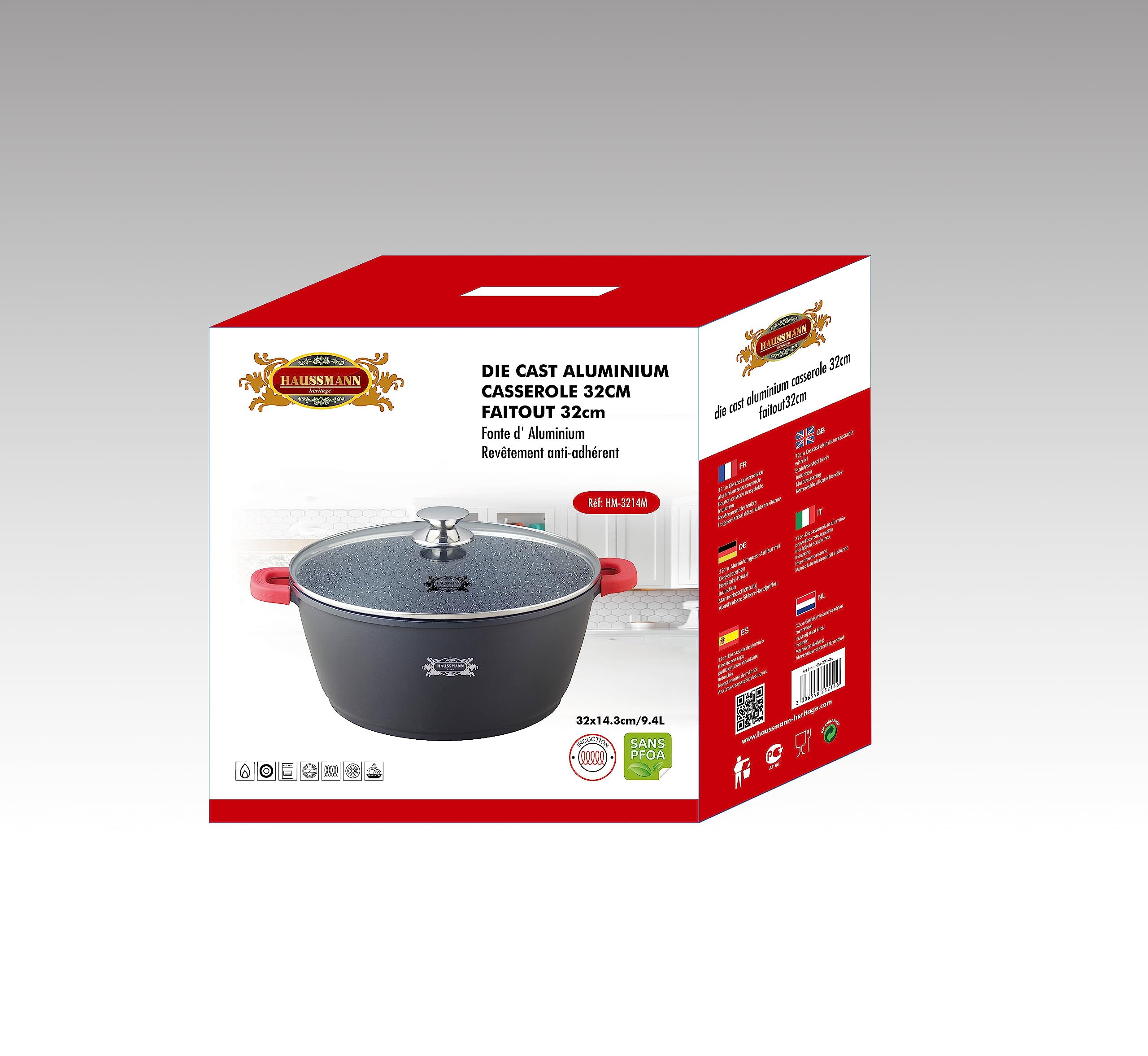 HAUSSMANN Heritage Marmite Faitout 32cm 9.4L – Fonte d'Aluminium Revêtement Pierre Antiadhésif – Compatible Induction & Four – Couvercle Verre & Poignées Silicone – Sans PFOA – Design Français