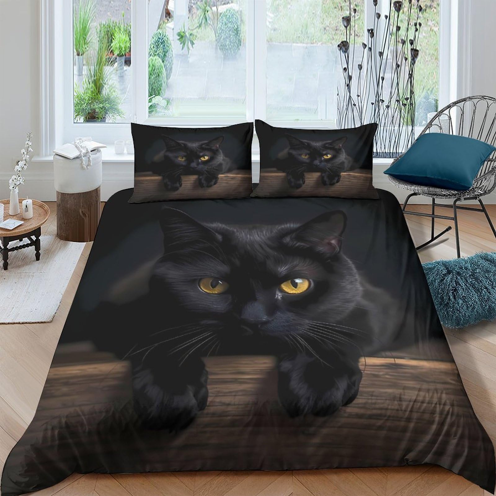 Ctjqhvkz Style-5 3D Printed Black Cat Fitted Sheet Microfiber Decorative Yellow Eyes Bed Sheet For Bedroom Guest Room Mattress Cover Single（135X200cm）