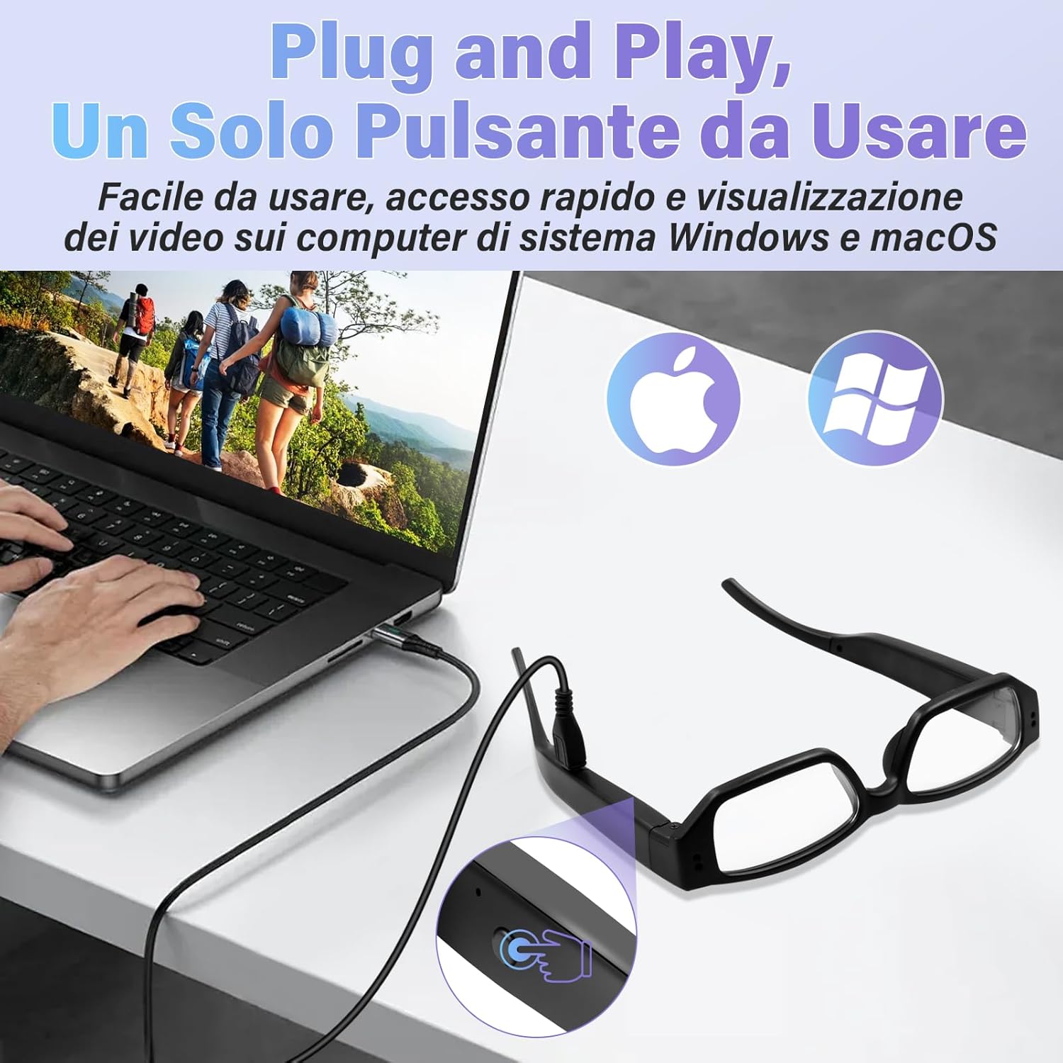 Image showing the UYIKOO BGL13 Camera Glasses connected to a laptop via USB cable for data transfer.