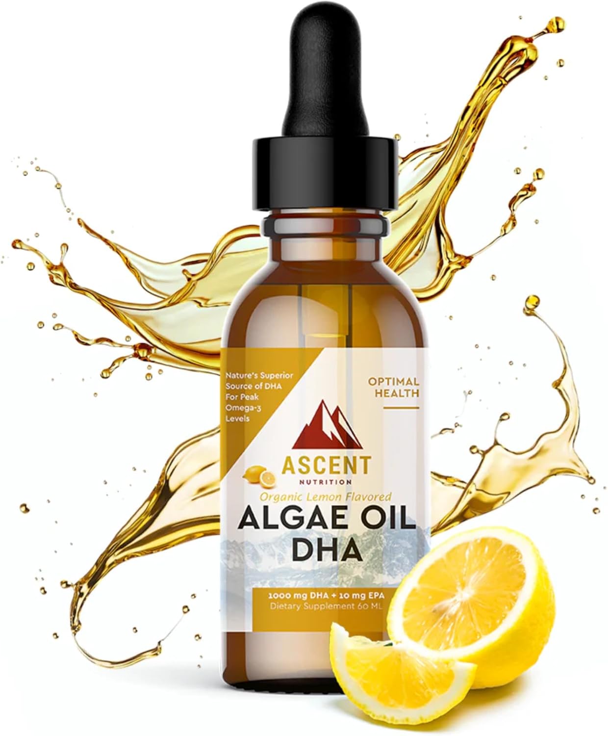 Ascent Nutrition Algae Oil DHA Omega-3's | Vegan and Vegetarian | 1000 mg DHA and 10 mg EPA | Organic Lemon Flavor | 60ml