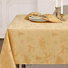 Romanstile Christmas Tablecloth, 140 x 240 cm, Gold, Washable & Water-Repellent, Jacquard Deer & Christmas Trees, Rectangular Tablecloth for Dining Table, Christmas Decoration, Christmas, Festival