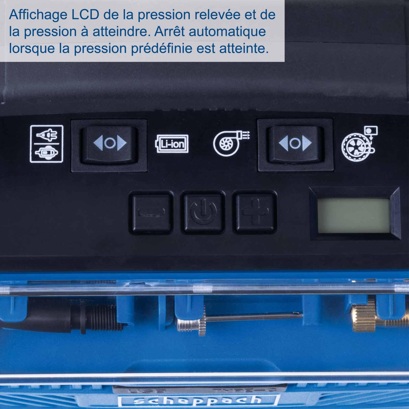 Scheppach Compresseur sans fil Airforce 6 20 V - Débit d'air 21 l/min - Tuyau haute pression 75 cm - 3 types d'entraînement - Port USB-A et USB-C - Série IXES 20 V - Avec batterie 4 Ah et chargeur 2,4