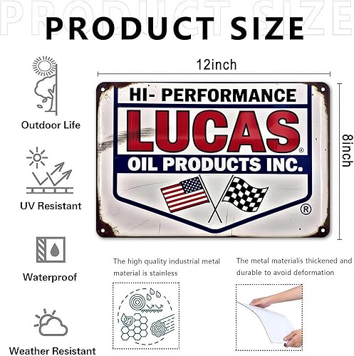 Miniatura 4 de Lucas Oil Products INC HiPerformance - Letrero de metal vintage de carreras automotrices, estampado estético para jardín, patio, bar, porche, hogar,