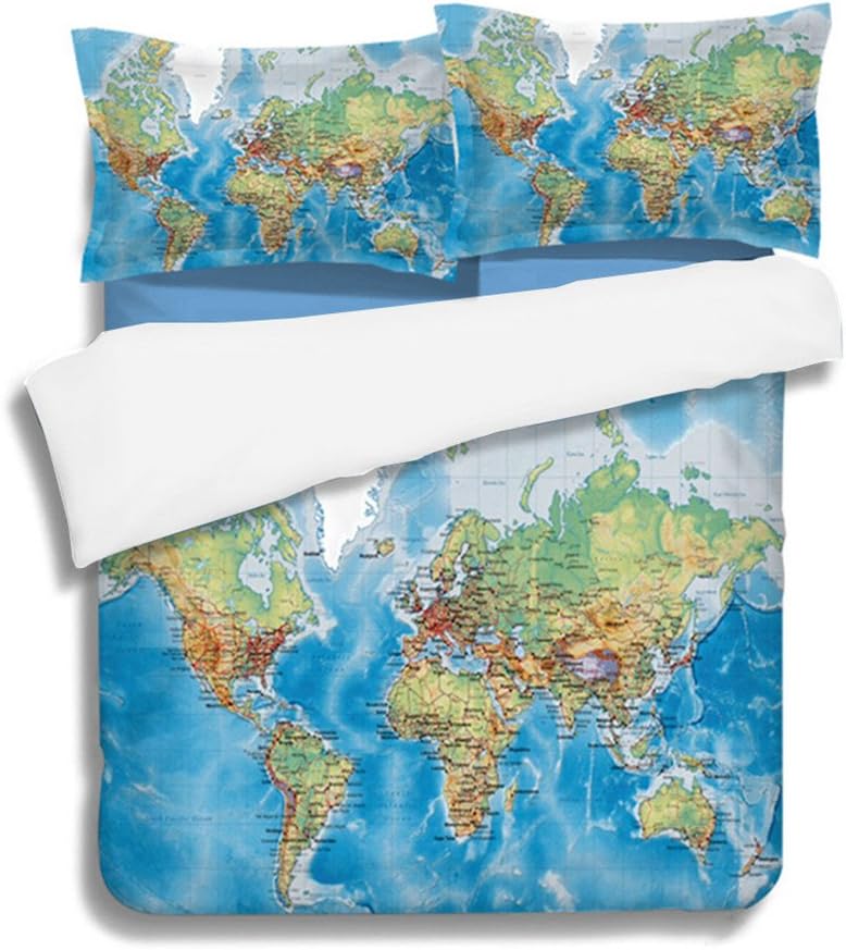 Blue World Map Design Very Soft Fabric Duvet Cover Set Bedding Sets Include Duvet Cover, Pillowcases (150x200 cm- for 1.2 M bed) [Energy Class A+++]
