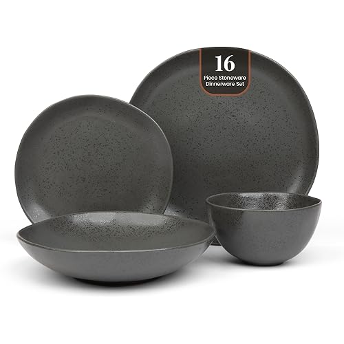 Eco-Friendly High Fired Artisan Stoneware Dinnerware 16 piece set, 4 place settings (Charcoal)