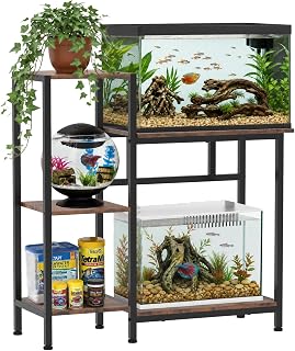 5/10 Gallon Fish Tank Stand with Storage Shelves Wood Aquarium Stand for Fish Reptile Heavy Duty Terrarium Stand for Living Room Entry Way Study&Office Brown