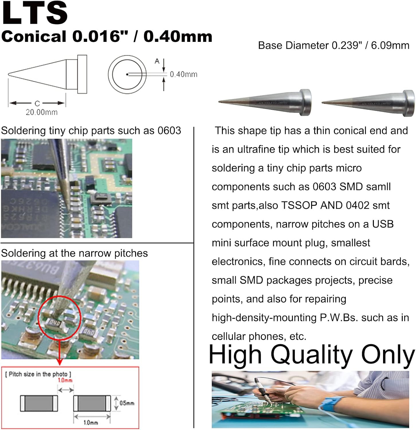 LTS Conical 0.016" / 0.40mm Soldering Tip for WXP80 WSP80 WP80 WP120 MPR PE75 TCPS WSFP8 WD1000 WSD81 WSD121 WR2002 WR3000M WS81 WD2000 ACE Brand Solder Iron Tips (20)