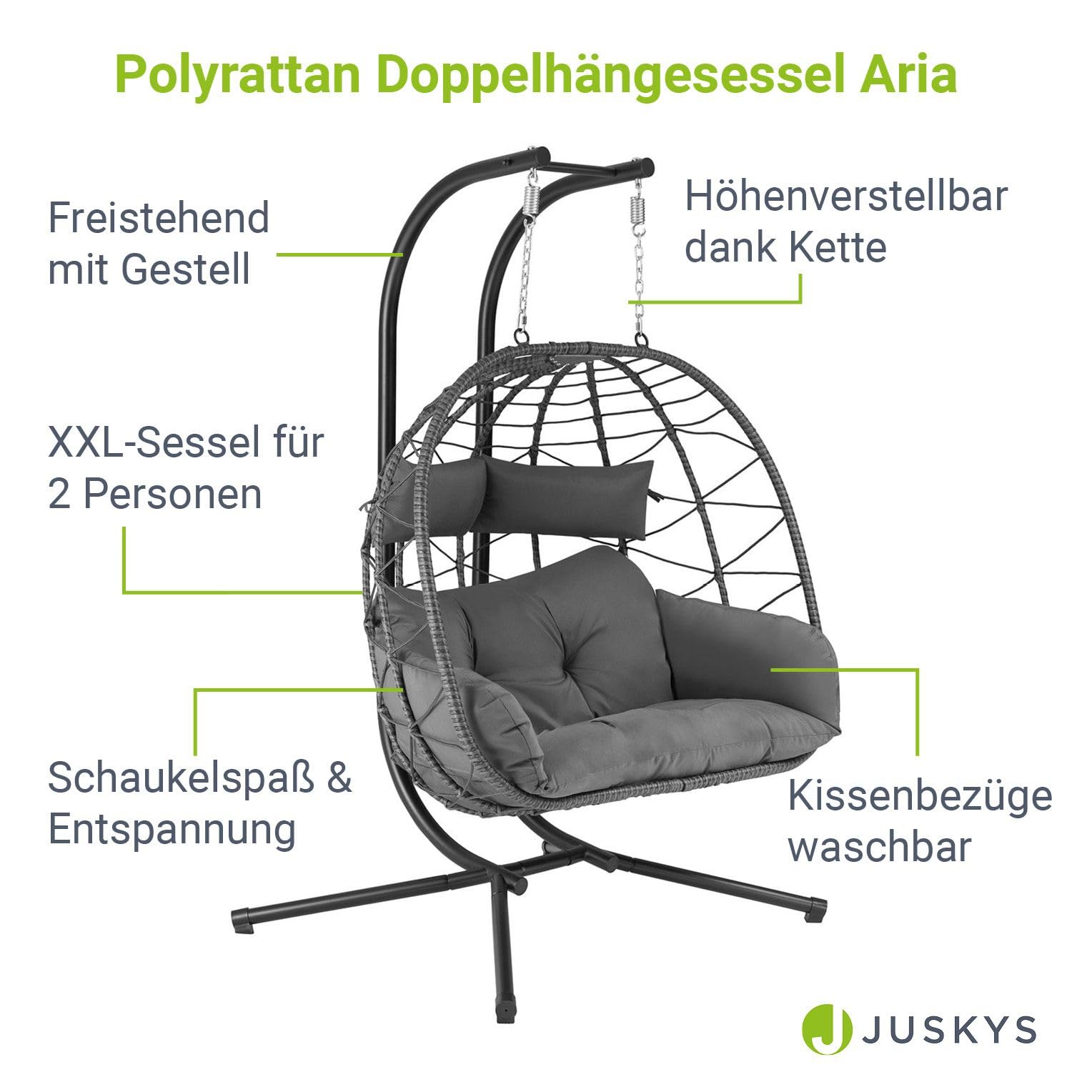 Juskys® Sillón colgante doble Aria – Silla colgante de poliratán con estructura y cojín – columpio para dos personas – Sillón exterior interior – cesta XXL gris