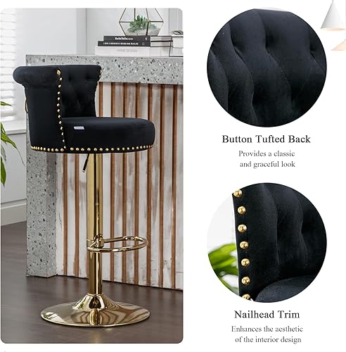 Miniatura 4 de Sudwesto Juego de 2 taburetes de bar giratorios de terciopelo, taburete de bar ajustable con altura de mostrador con botón copetudo y ribete de