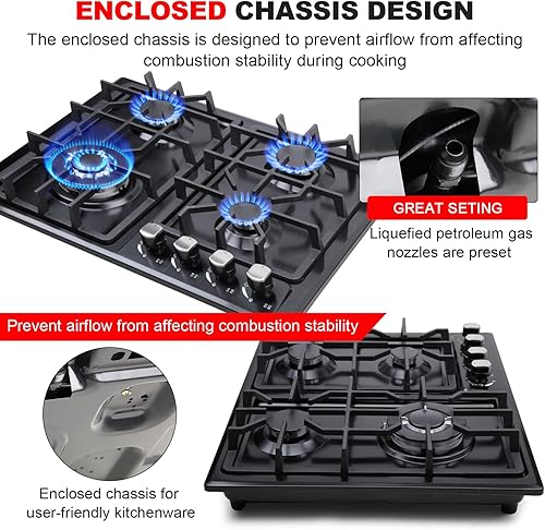 Miniatura 6 de FORIMO Placa de cocina de gas de 22 pulgadas, estufa de gas integrada de 4 quemadores de acero inoxidable con kit de conversión de GN/LPG