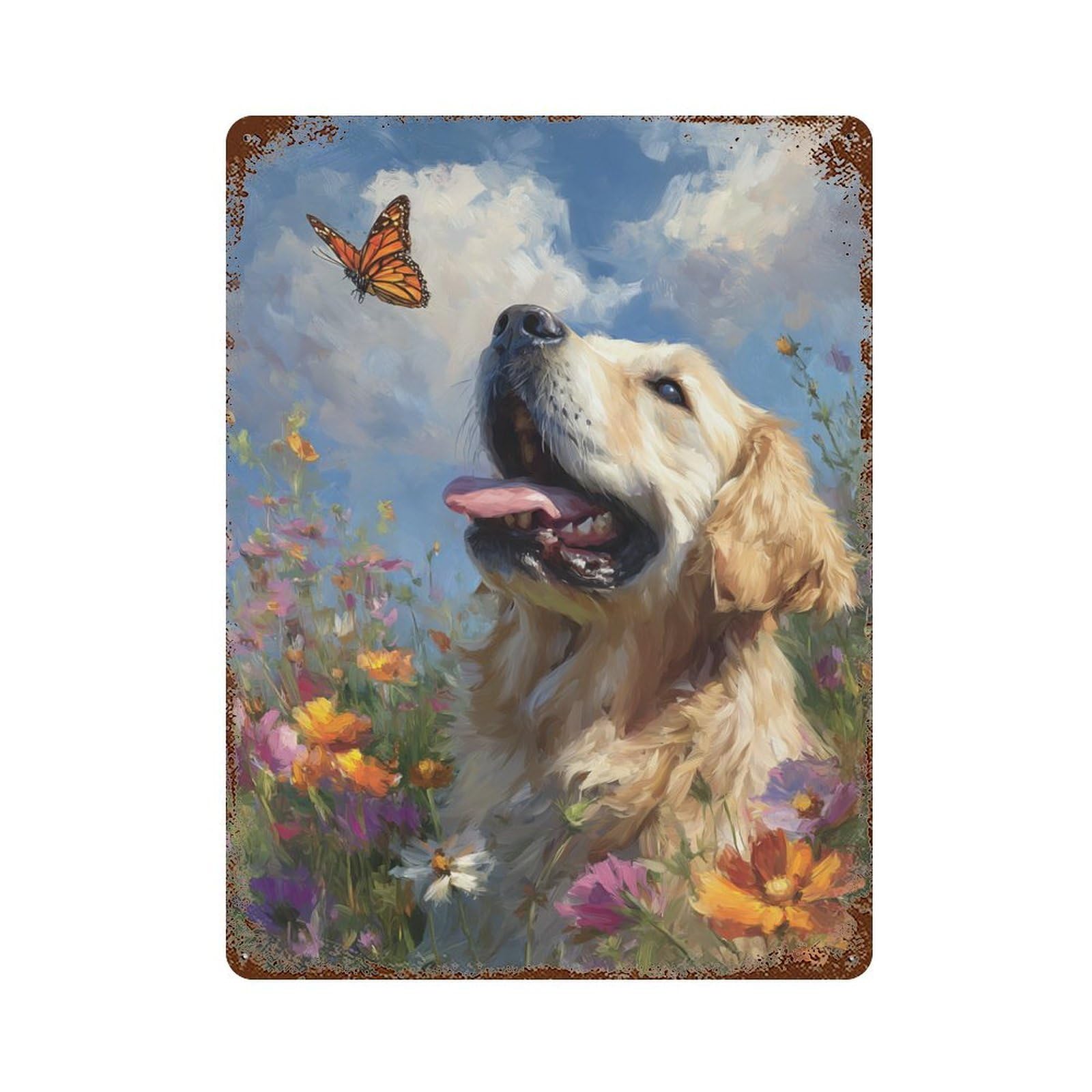 Golden Retriever with Butterfly 15.7"x11.8" Decorative Tin Sign, Retro Wall Decor for Bistro, Counter And Cafe Decor