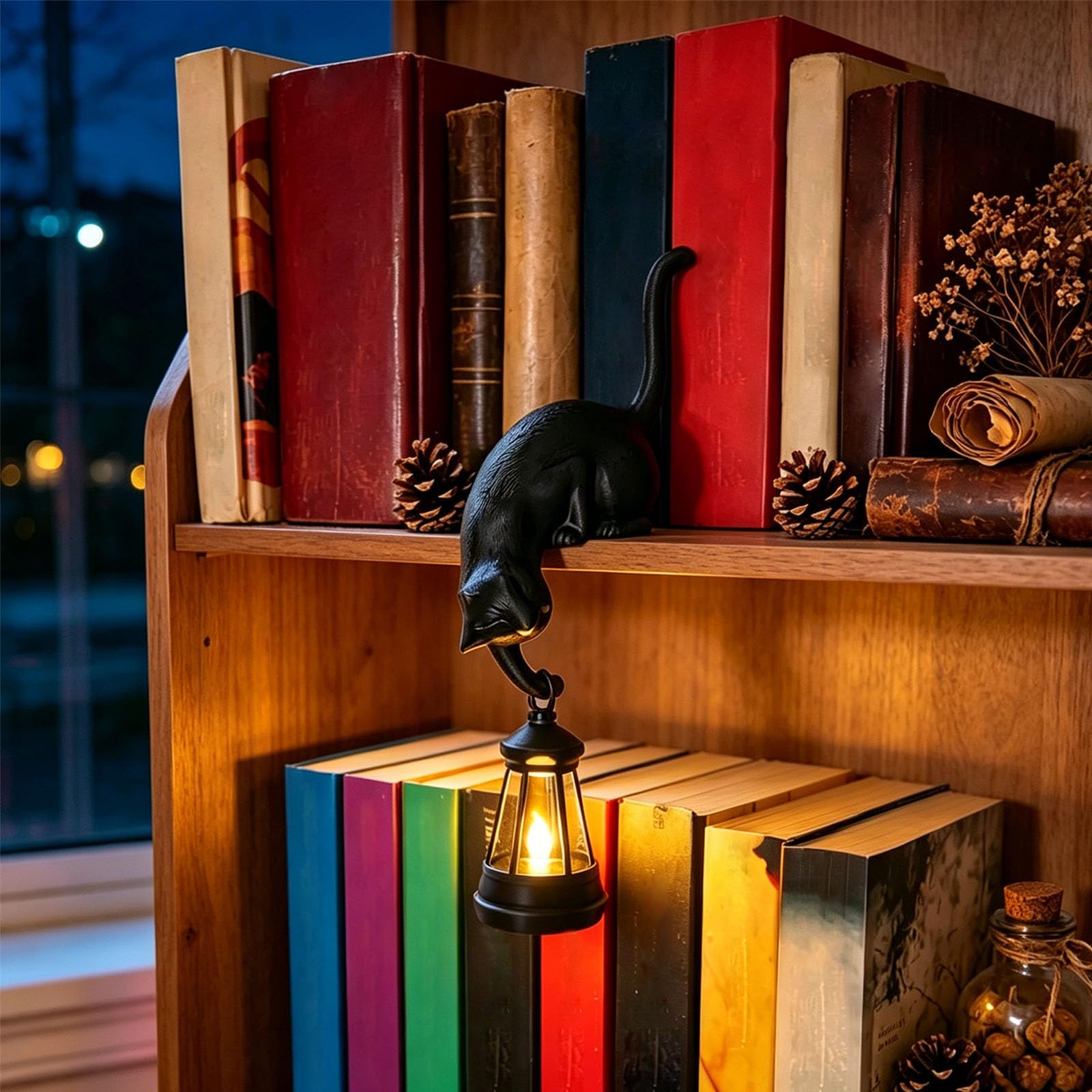 Cat Bookshelf Lantern, Cat with Lantern Shelf Decor Hook Night Light (#B)