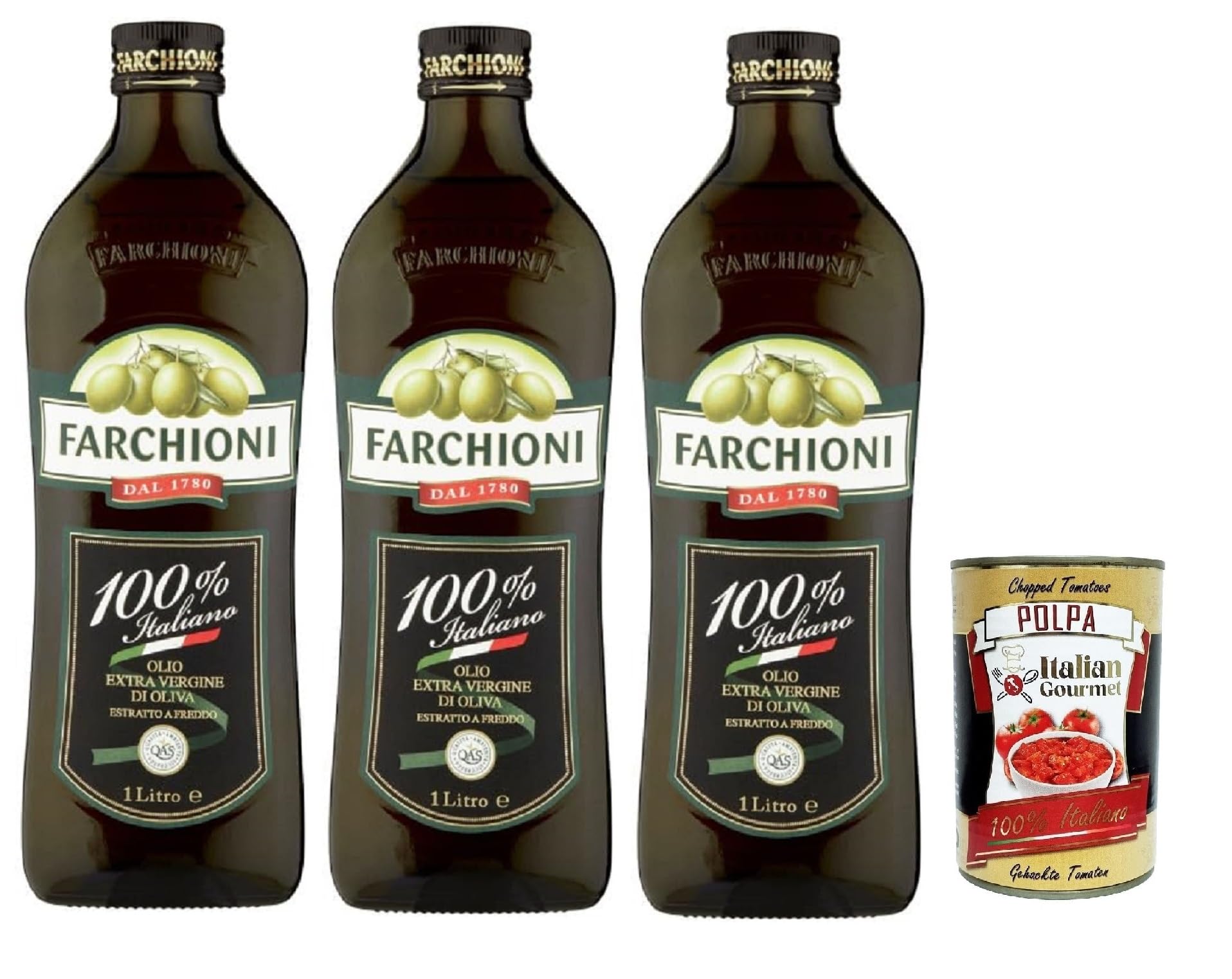 Aceite de oliva virgen extra 100% italiano de Farchioni, 1 litro, 3 unidades, con polpa italiana gourmet 400 g